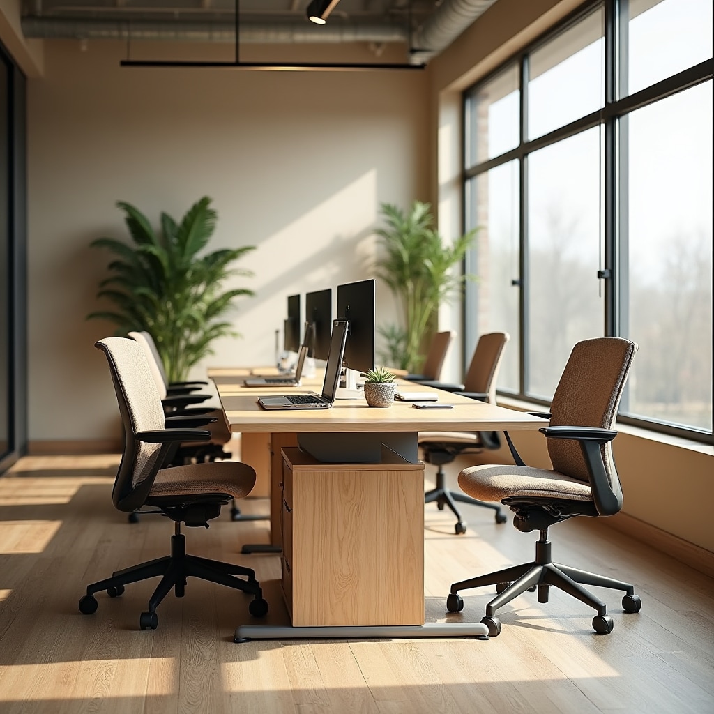 Modern hybrid office workspace with flexible hot-desk arrangement